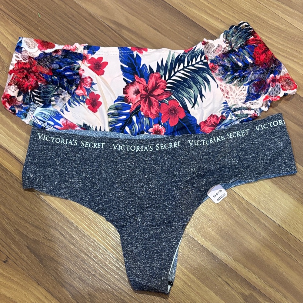 Victoria's Secret Floral & Heathered Gray Bikini Panty Set